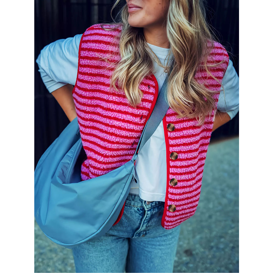 Striped Fleece Button-Up Vest Coat Pink / S Apparel and Accessories