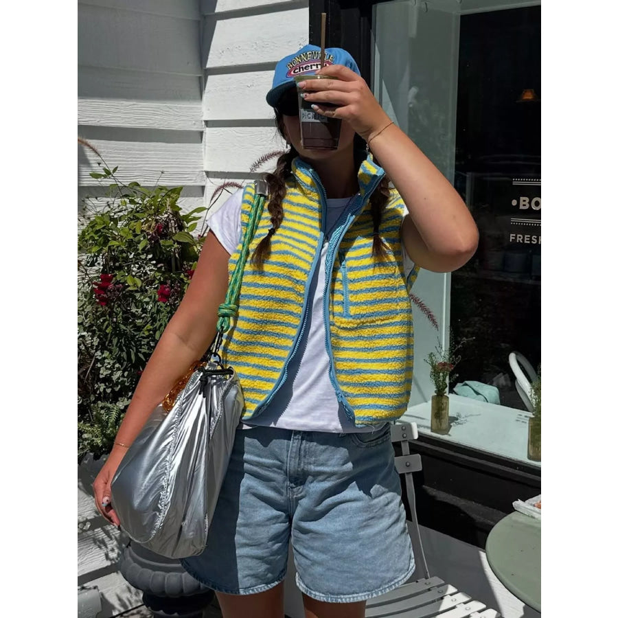Striped Fleece Zip-Up Vest Coat Apparel and Accessories