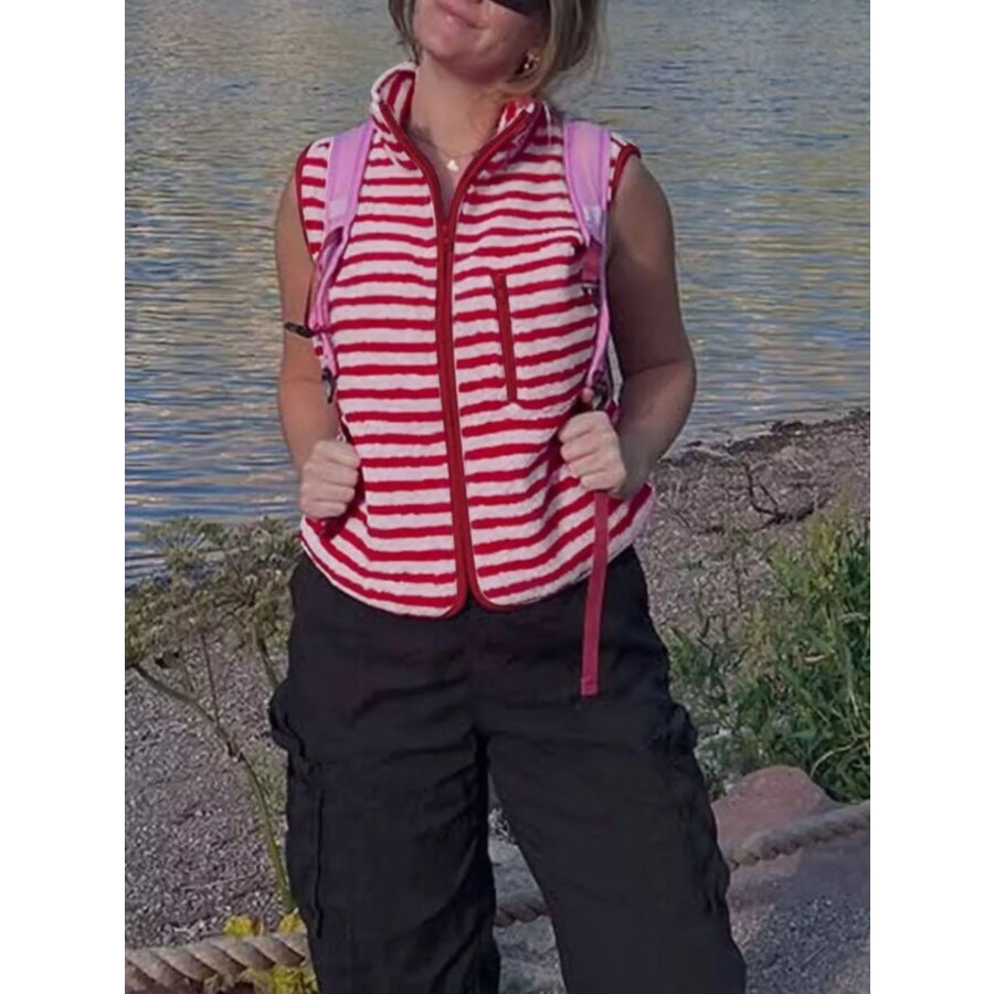 Striped Fleece Zip-Up Vest Coat Strawberry / S Apparel and Accessories