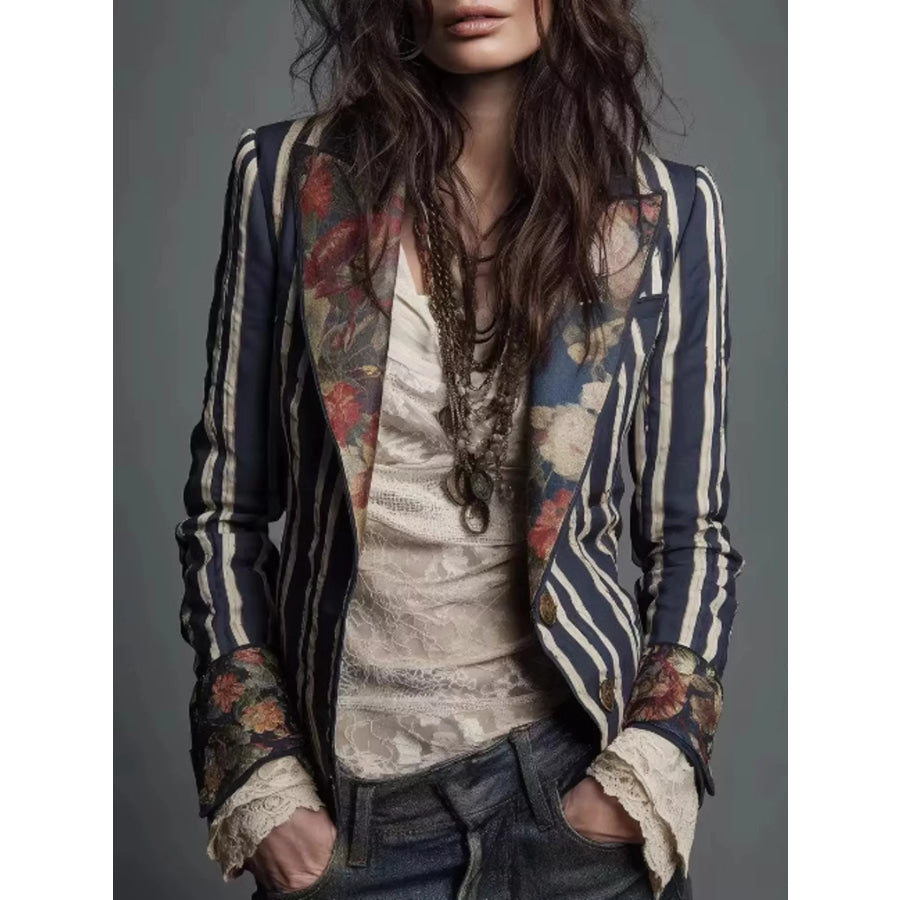 Striped Floral Contrast Slim Fit Blazer Blue / S Apparel and Accessories