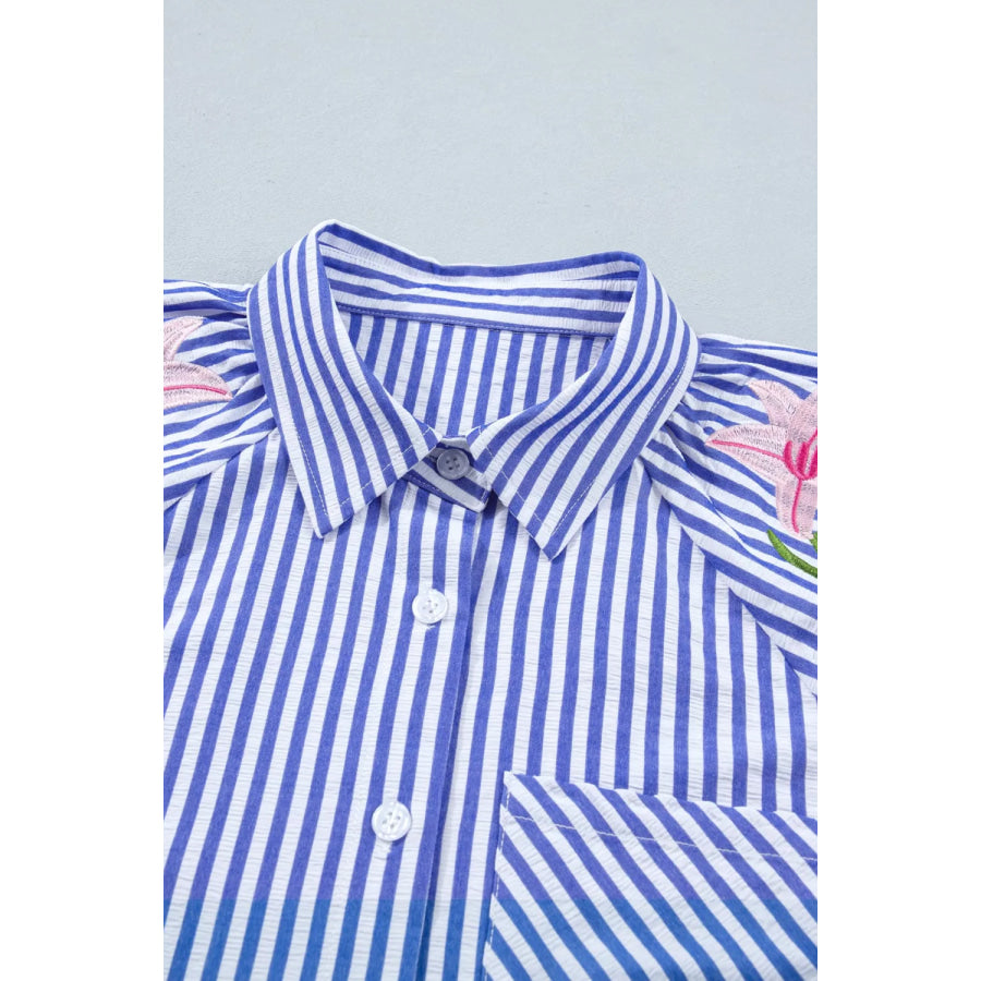 Striped Floral Embroidered Puff Sleeve Button Down Shirt Apparel and Accessories