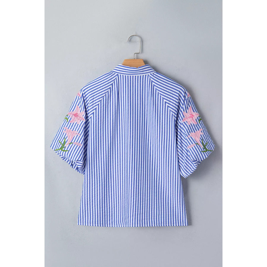 Striped Floral Embroidered Puff Sleeve Button Down Shirt Apparel and Accessories