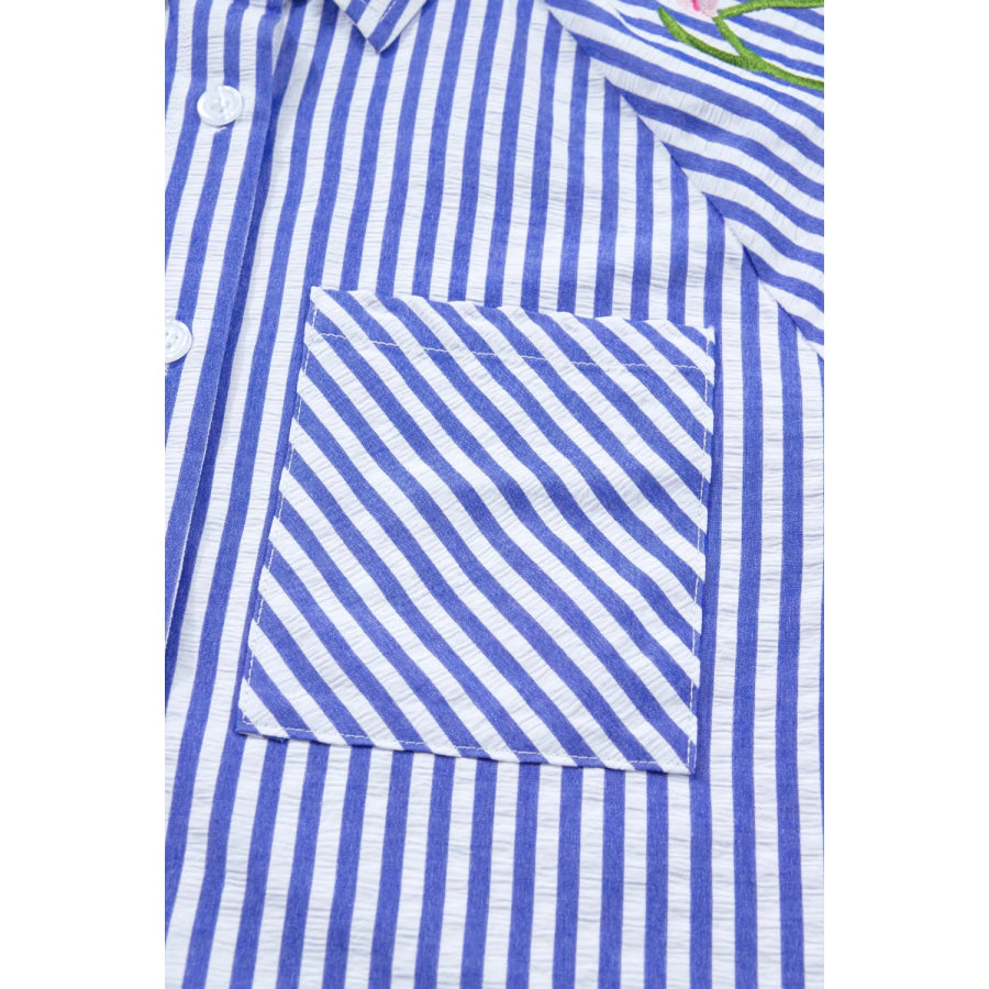 Striped Floral Embroidered Puff Sleeve Button Down Shirt Apparel and Accessories