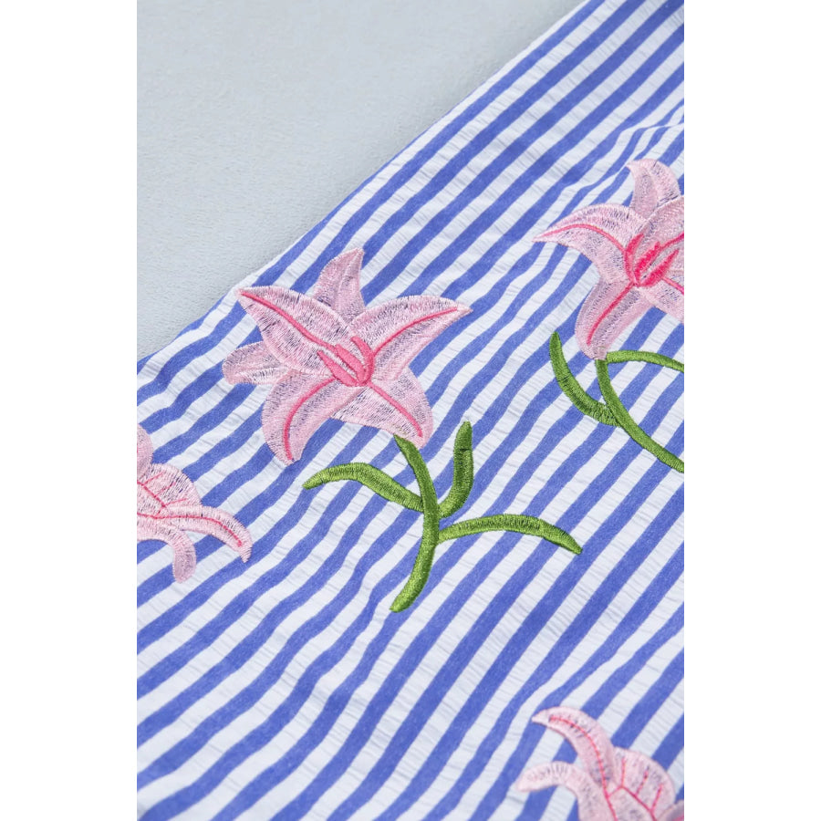 Striped Floral Embroidered Puff Sleeve Button Down Shirt Apparel and Accessories