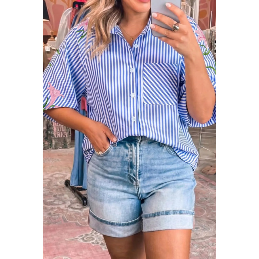 Striped Floral Embroidered Puff Sleeve Button Down Shirt Apparel and Accessories