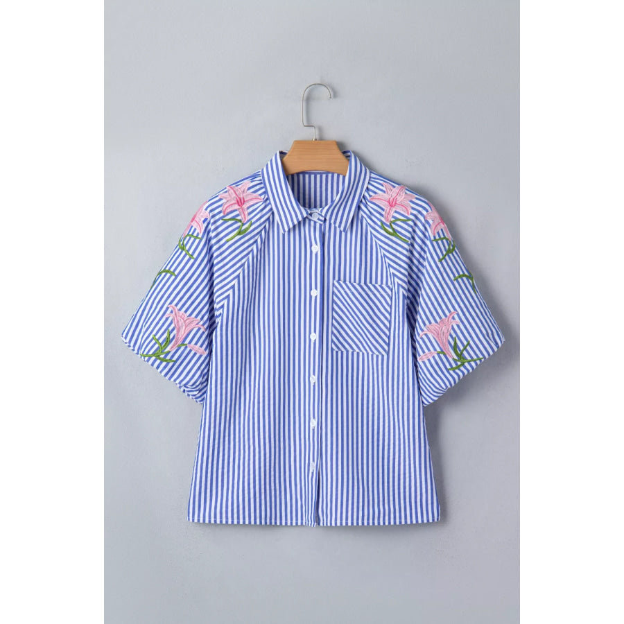 Striped Floral Embroidered Puff Sleeve Button Down Shirt Apparel and Accessories