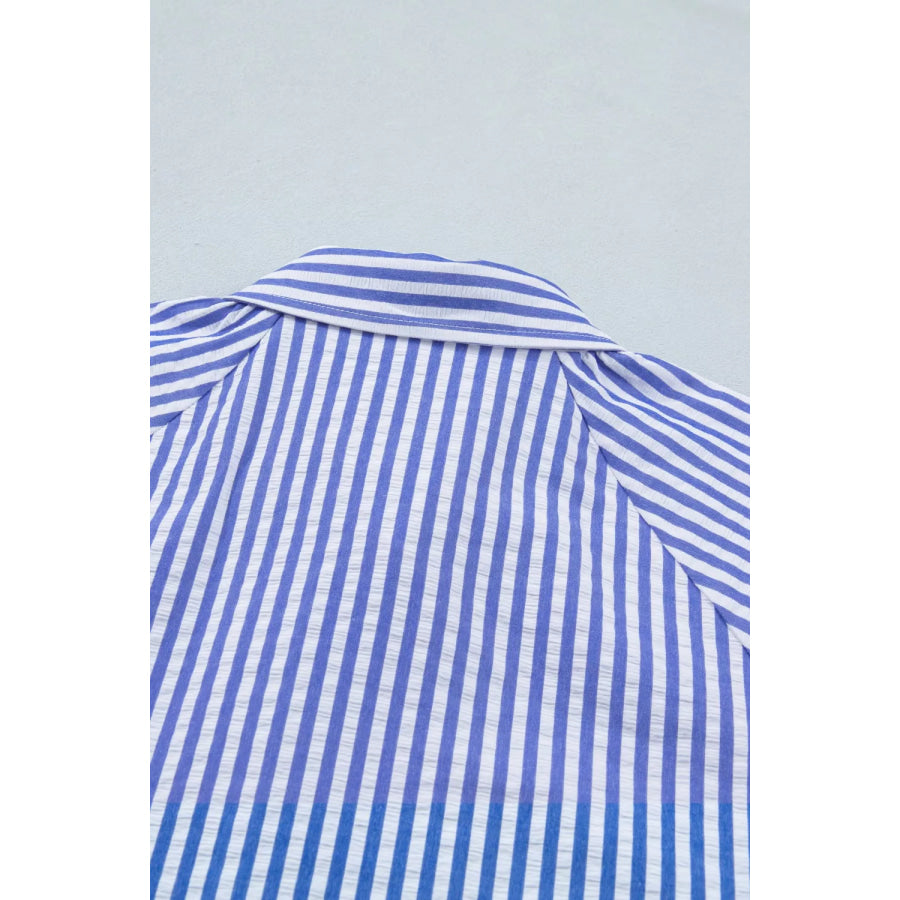 Striped Floral Embroidered Puff Sleeve Button Down Shirt Apparel and Accessories