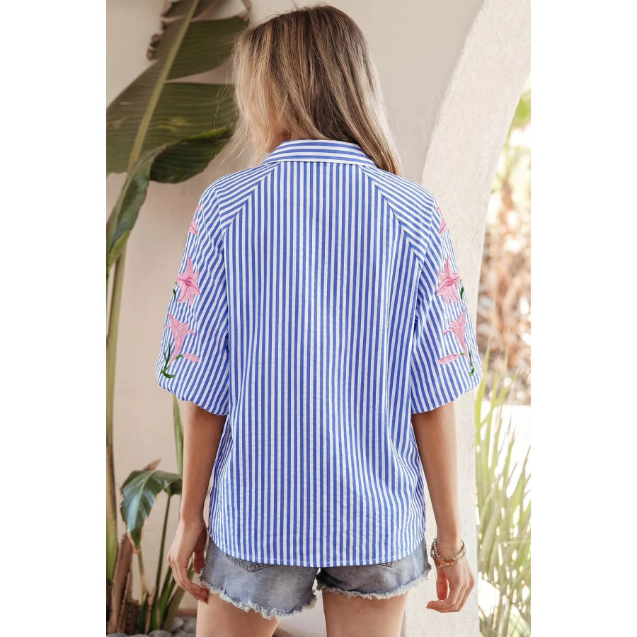 Striped Floral Embroidered Puff Sleeve Button Down Shirt Apparel and Accessories