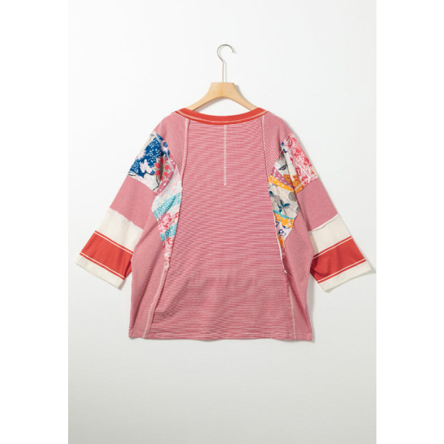 Striped Floral Patchwork Round Neck Top Apparel and Accessories