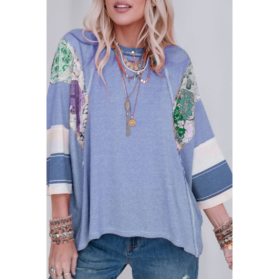 Striped Floral Patchwork Round Neck Top Apparel and Accessories