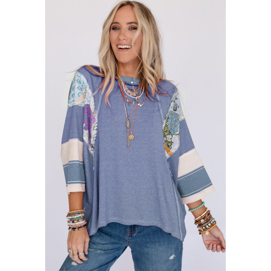 Striped Floral Patchwork Round Neck Top Apparel and Accessories