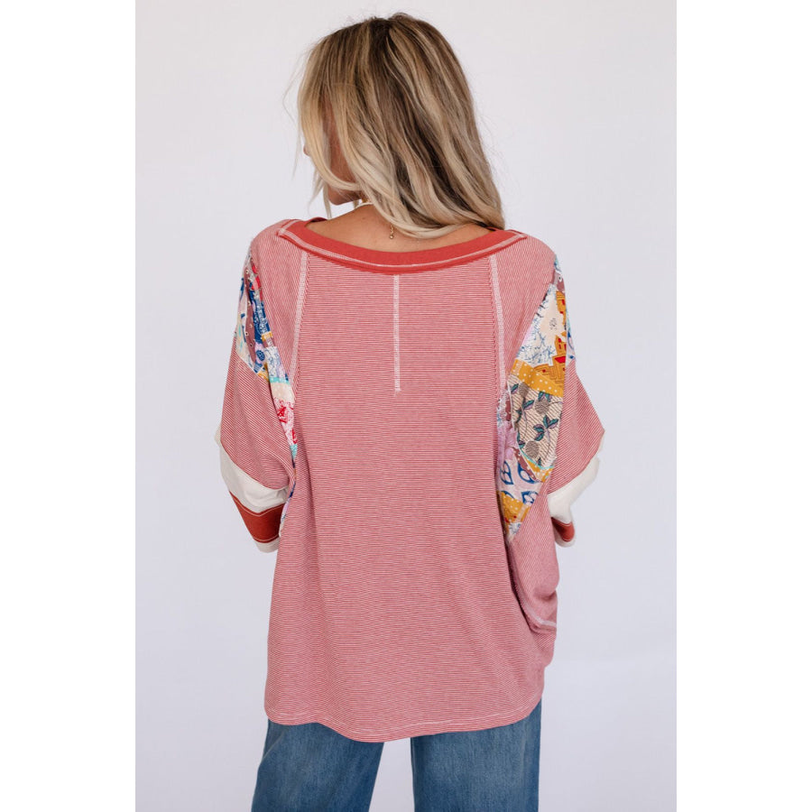 Striped Floral Patchwork Round Neck Top Apparel and Accessories