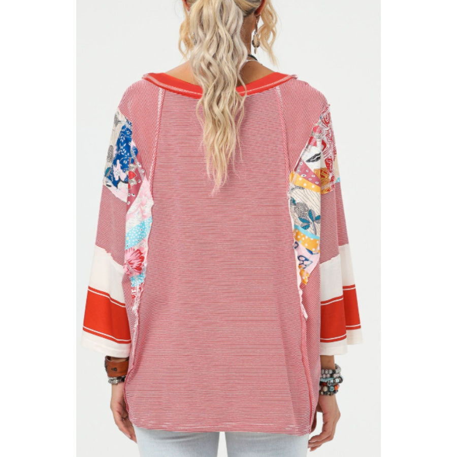 Striped Floral Patchwork Round Neck Top Apparel and Accessories