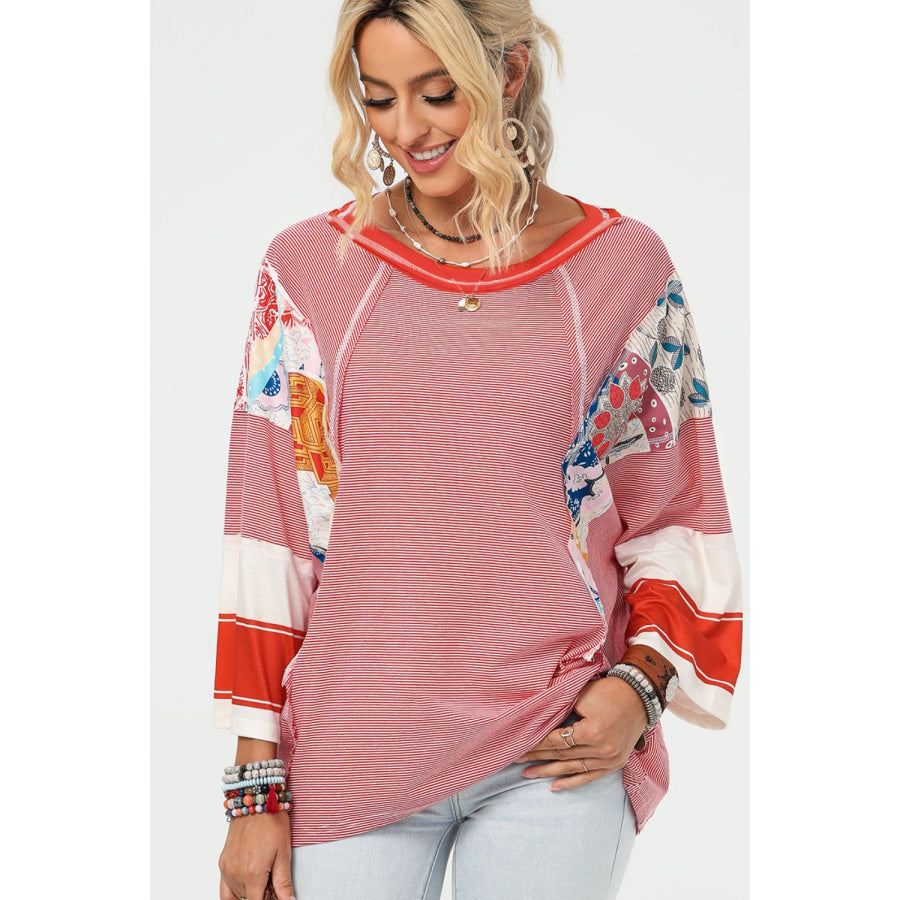 Striped Floral Patchwork Round Neck Top Apparel and Accessories