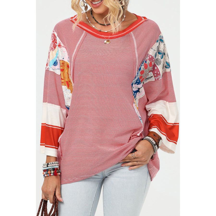 Striped Floral Patchwork Round Neck Top Apparel and Accessories