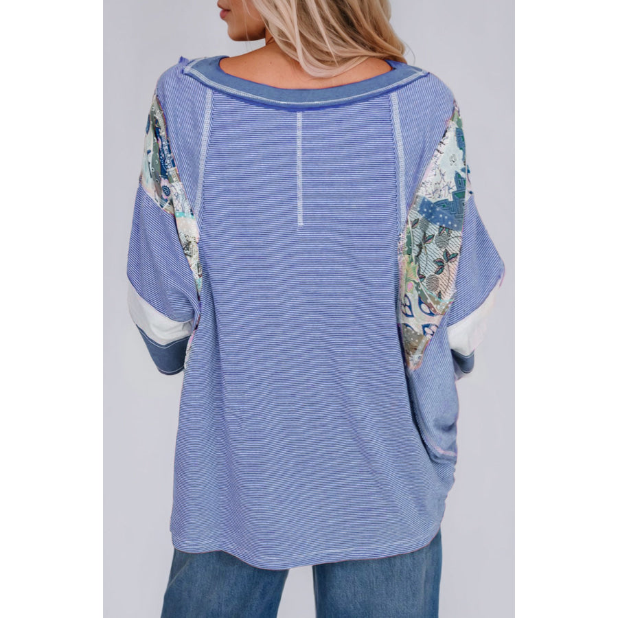 Striped Floral Patchwork Round Neck Top Apparel and Accessories