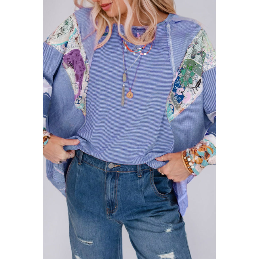 Striped Floral Patchwork Round Neck Top Apparel and Accessories