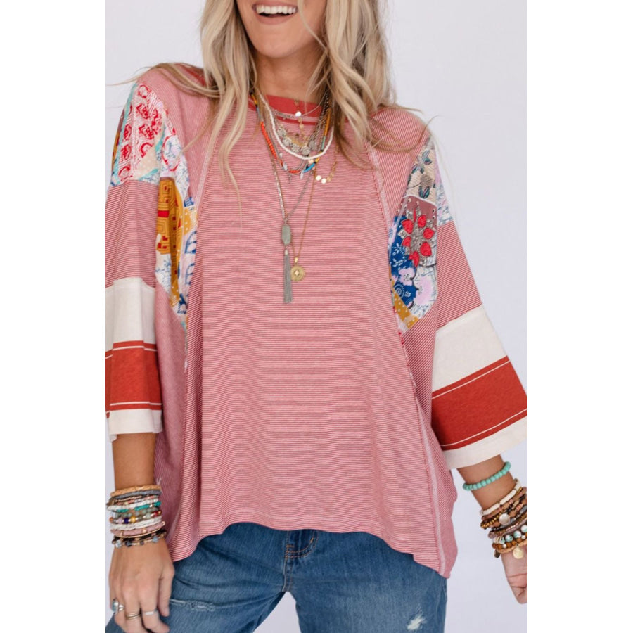 Striped Floral Patchwork Round Neck Top Apparel and Accessories