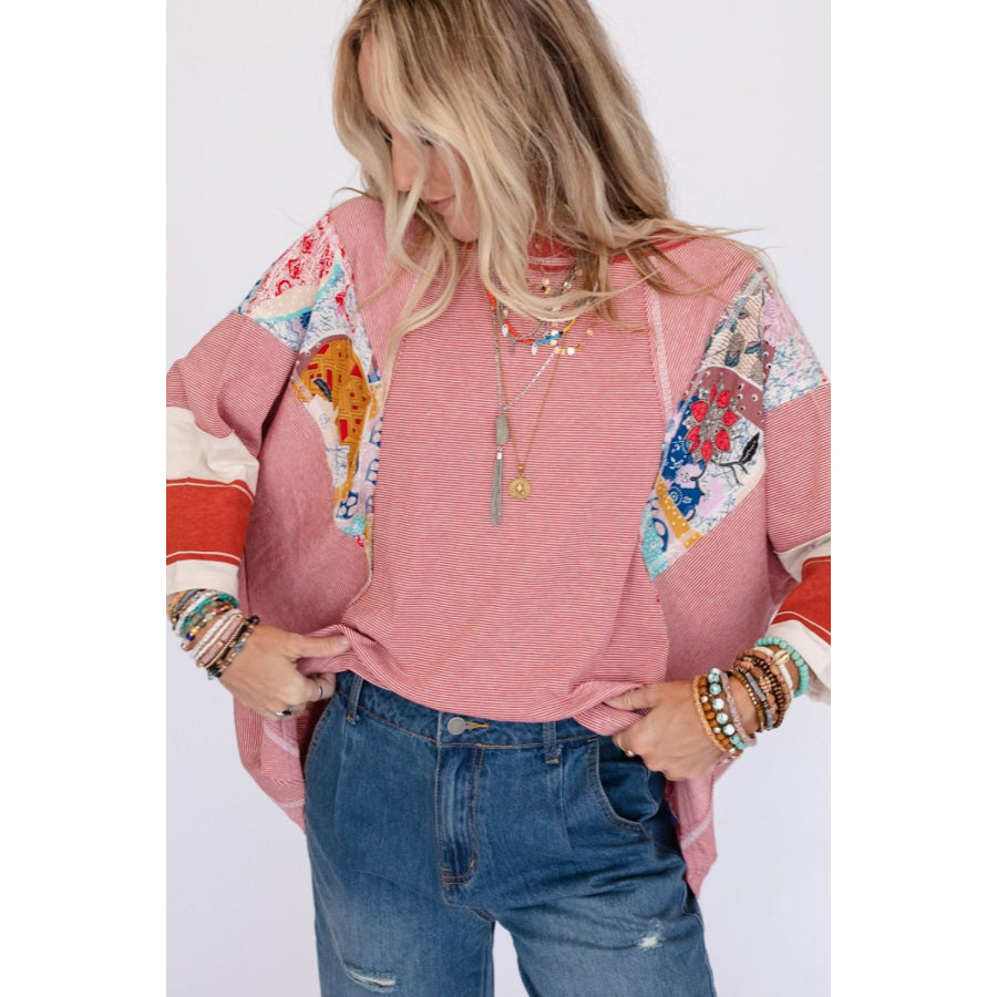 Striped Floral Patchwork Round Neck Top Apparel and Accessories