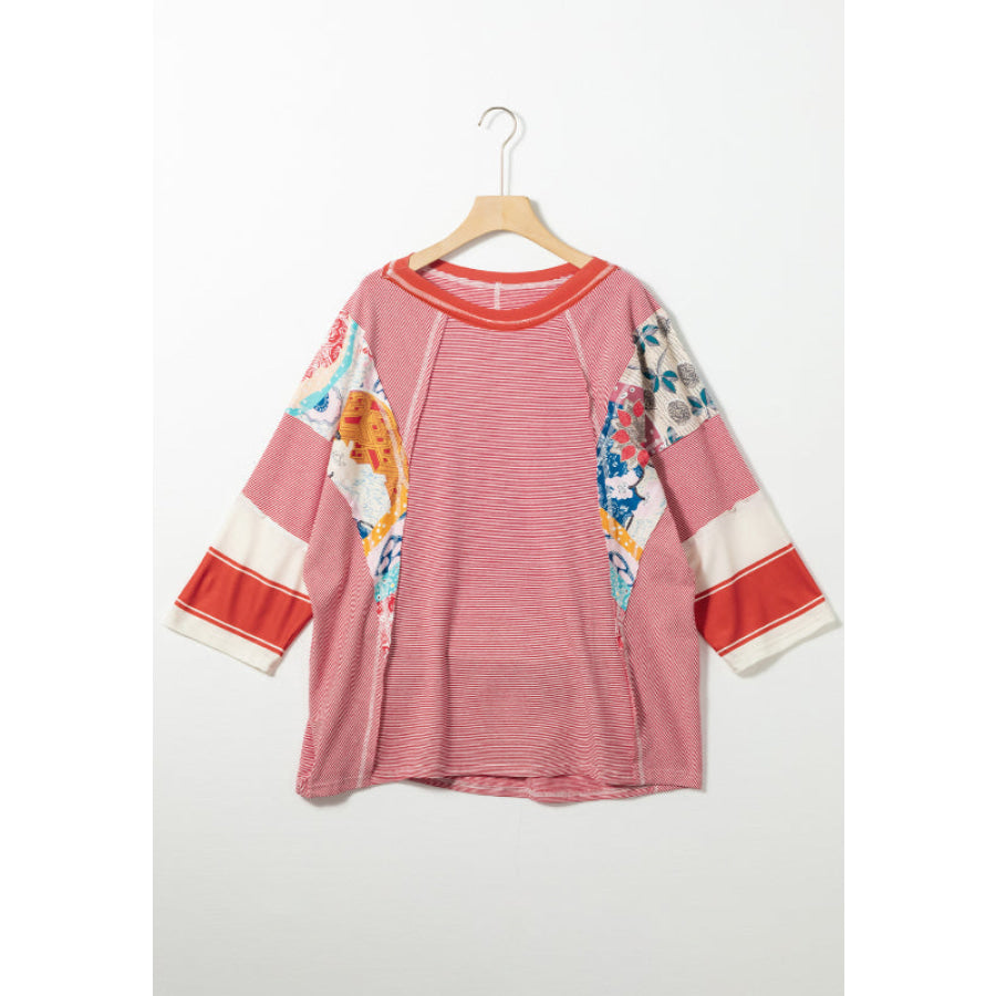 Striped Floral Patchwork Round Neck Top Apparel and Accessories