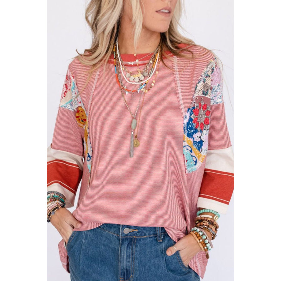 Striped Floral Patchwork Round Neck Top Deep Red / S Apparel and Accessories