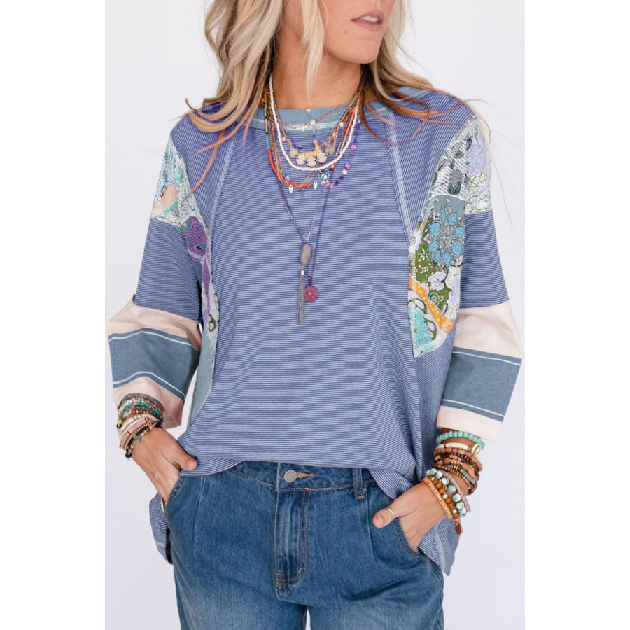 Striped Floral Patchwork Round Neck Top Dusty Blue / S Apparel and Accessories