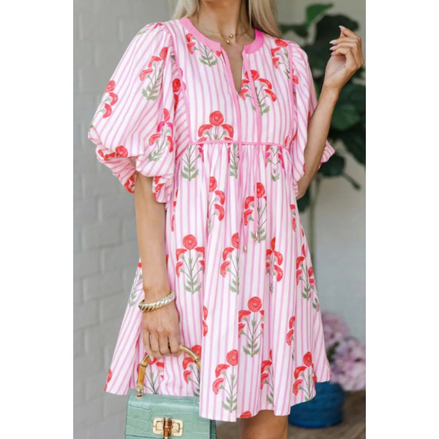 Striped Floral Print Mini Dress Blush Pink / S Apparel and Accessories