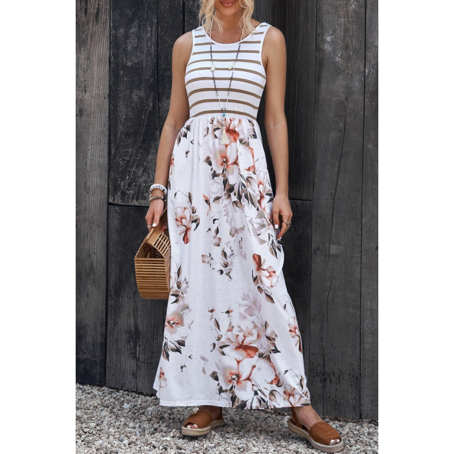 Striped Floral Round Neck Sleeveless Maxi Dress Floral / S