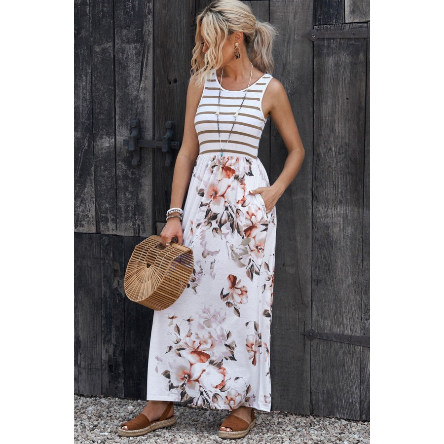 Striped Floral Round Neck Sleeveless Maxi Dress