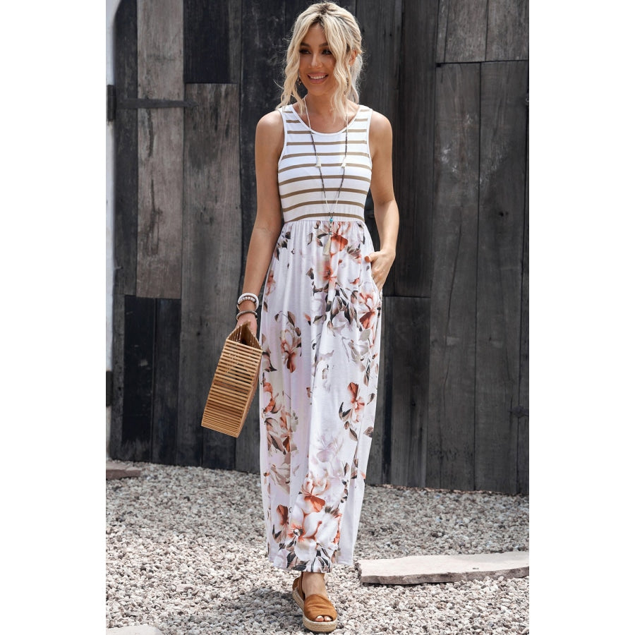 Striped Floral Round Neck Sleeveless Maxi Dress