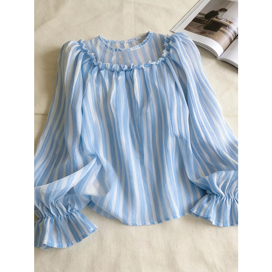 Striped Flounce Sleeve Blouse Blue / M Apparel and Accessories