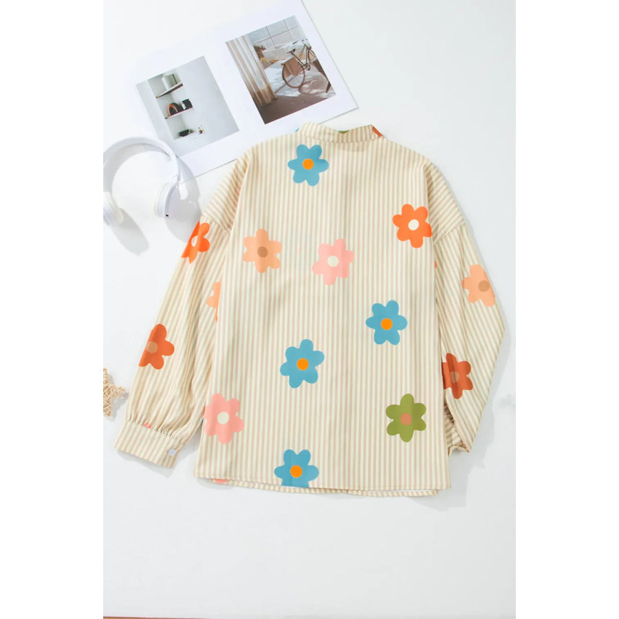 Striped Flower Button Up Long Sleeve Shirt Apparel and Accessories