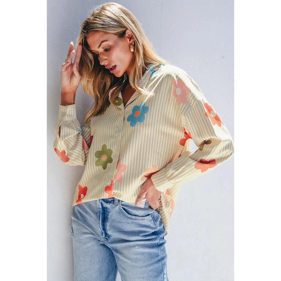 Striped Flower Button Up Long Sleeve Shirt Apparel and Accessories