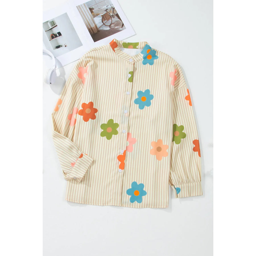 Striped Flower Button Up Long Sleeve Shirt Apparel and Accessories