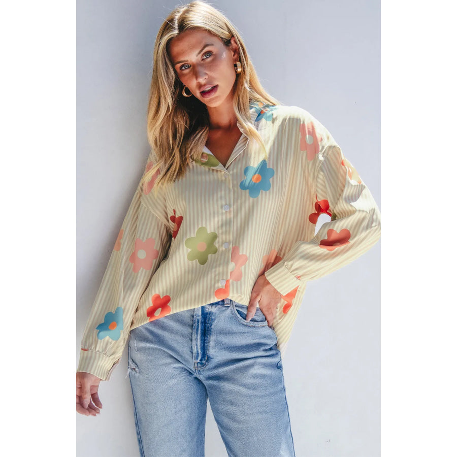 Striped Flower Button Up Long Sleeve Shirt Tan / S Apparel and Accessories