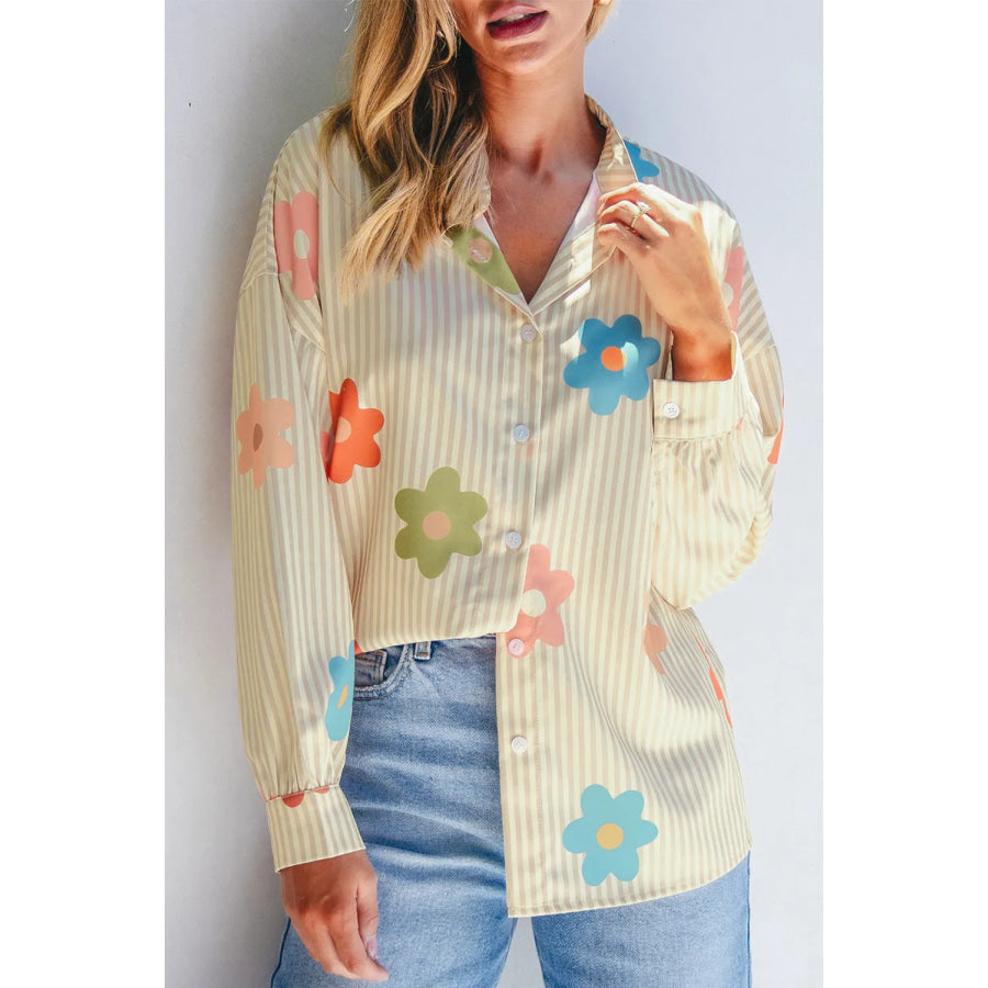 Striped Flower Button Up Long Sleeve Shirt Tan / S Apparel and Accessories