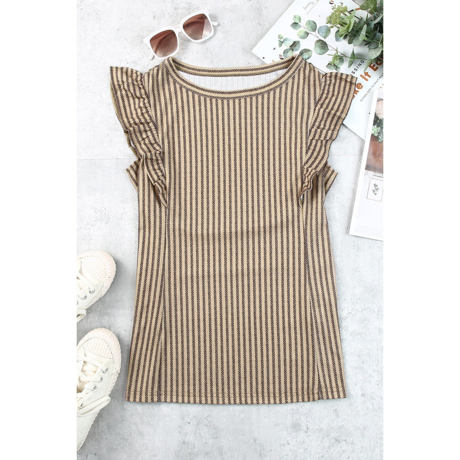 Striped Flutter Sleeve Tank Khaki / S