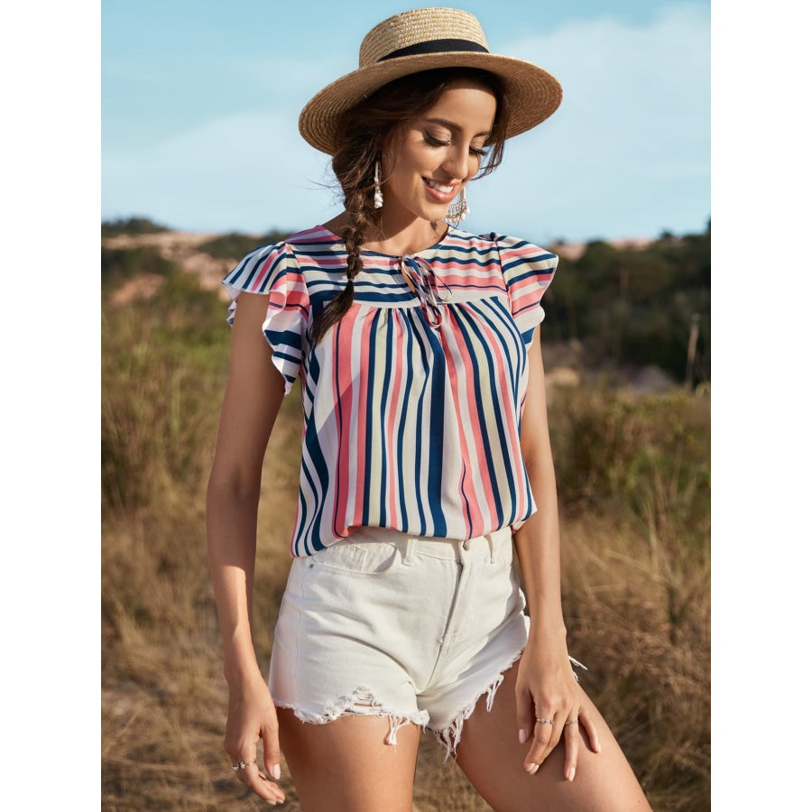 Striped Flutter Sleeve Tied Blouse