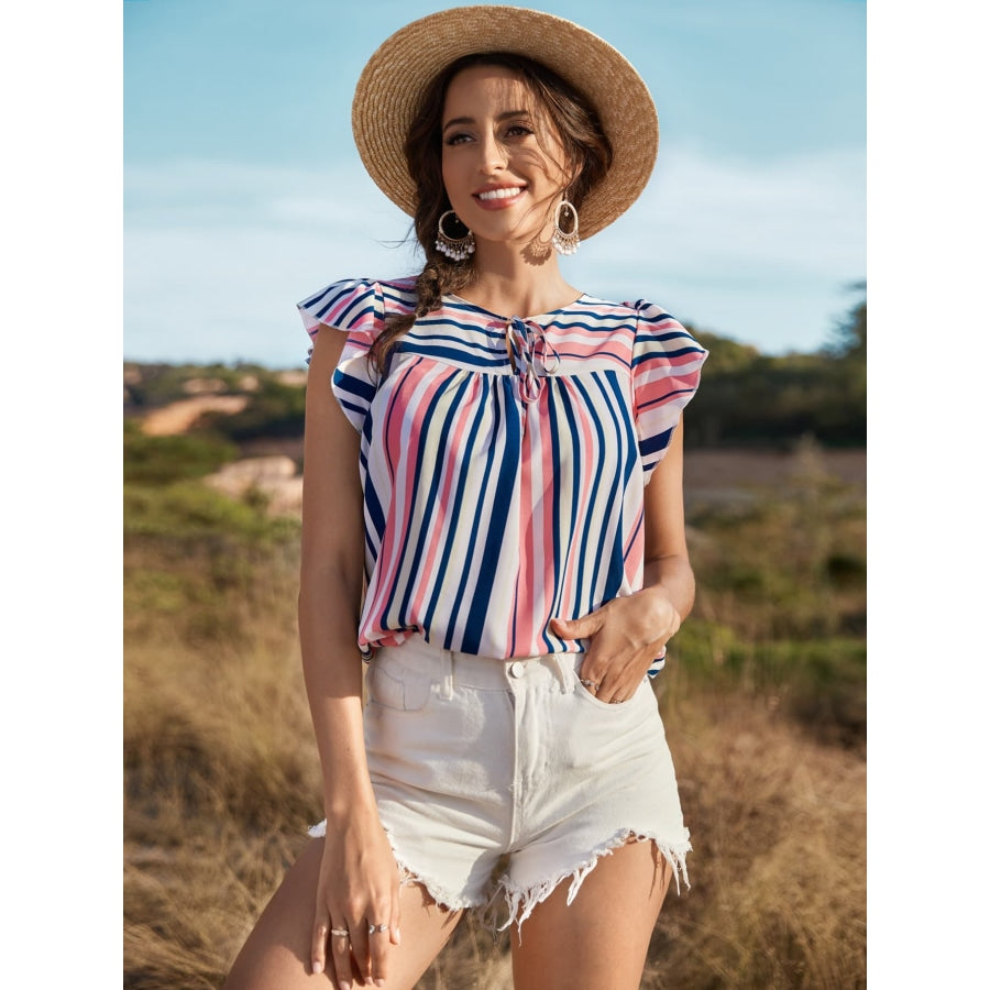 Striped Flutter Sleeve Tied Blouse