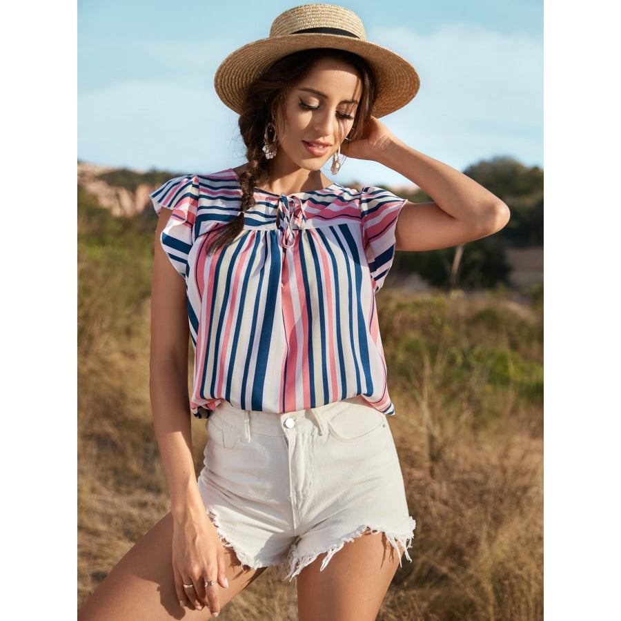 Striped Flutter Sleeve Tied Blouse