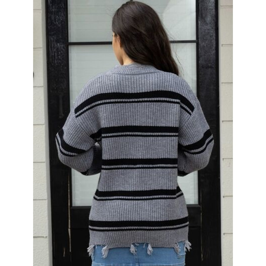 Striped Frayed Hem Round Neck Sweater Clothing