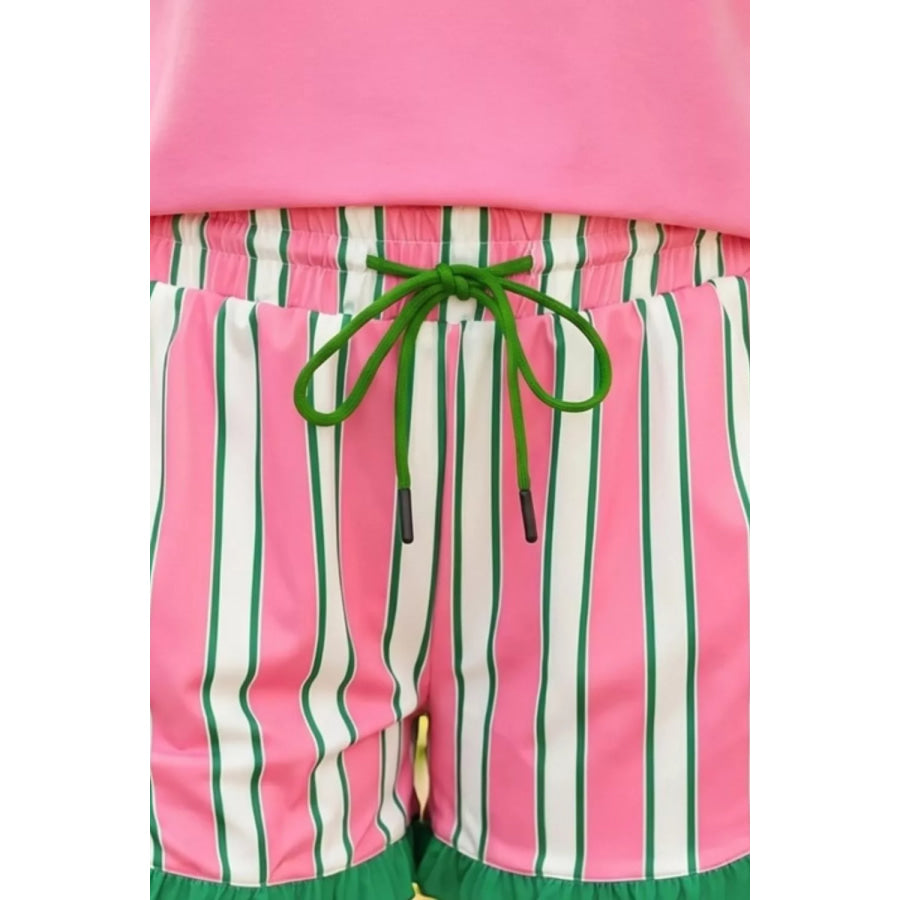 Striped Frill Hem Shorts with Drawstring Waist Apparel and Accessories