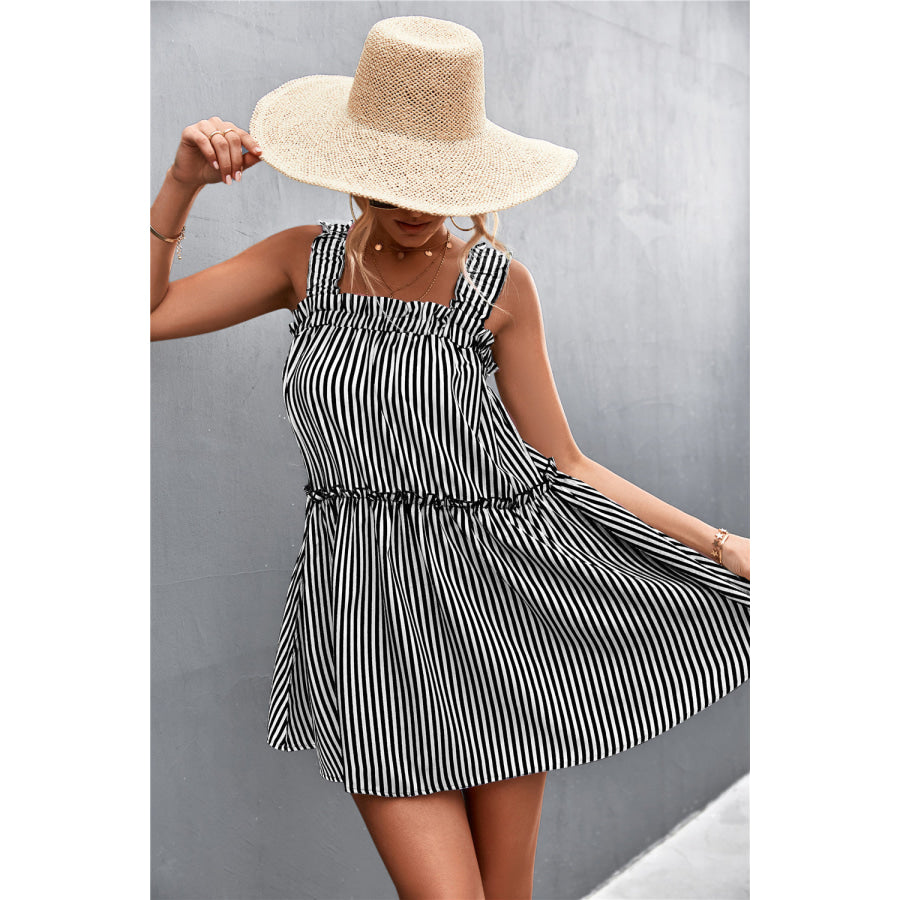 Striped Frill Trim Square Neck Dress Apparel and Accessories