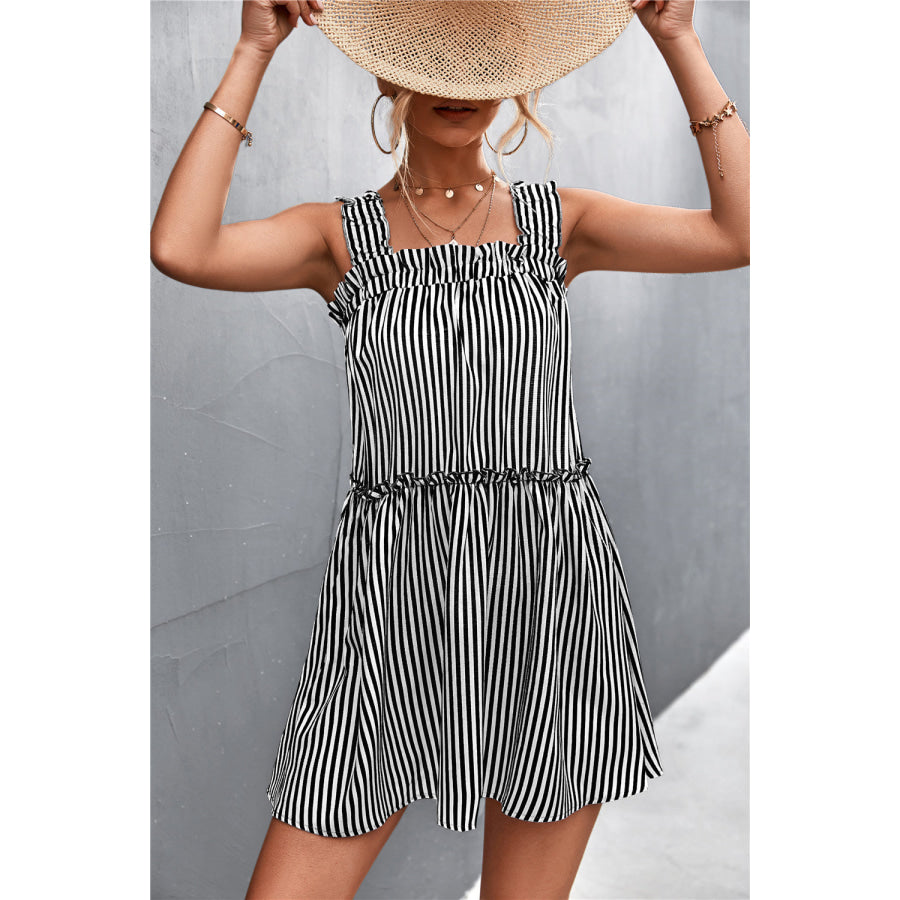 Striped Frill Trim Square Neck Dress Apparel and Accessories