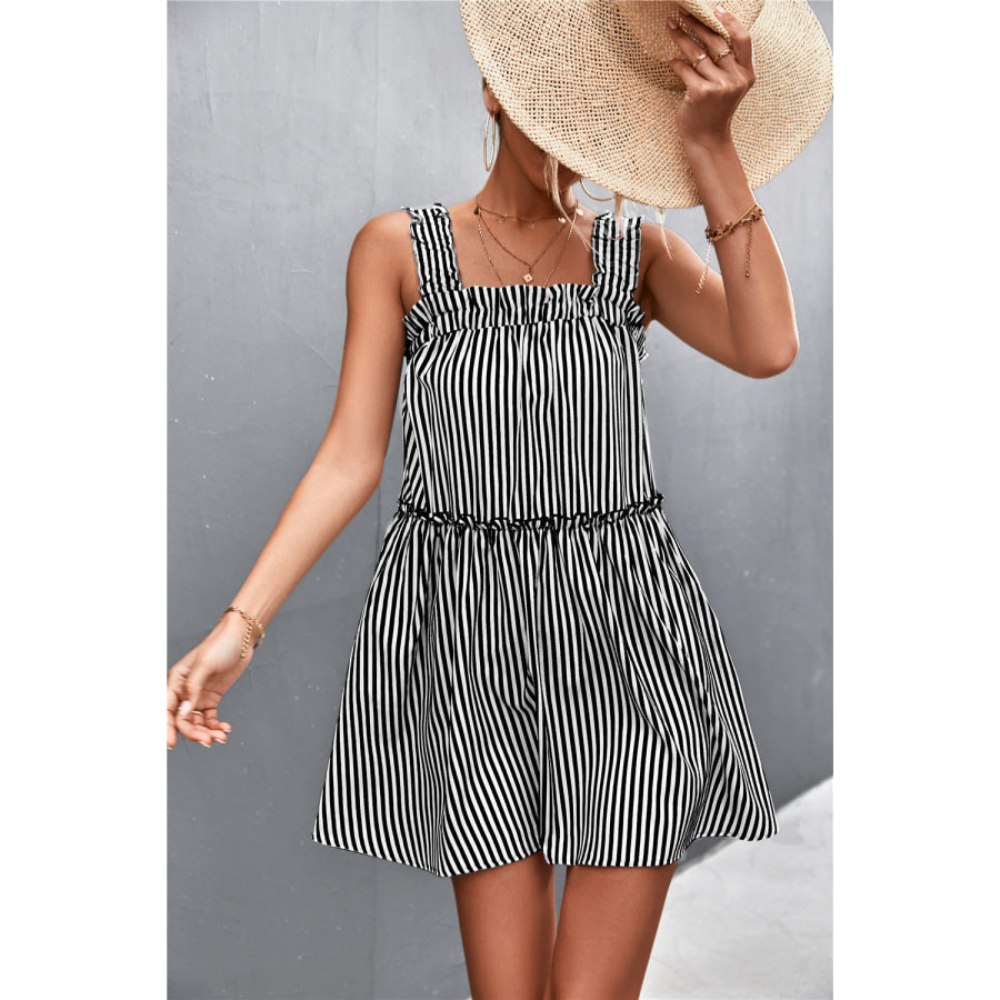 Striped Frill Trim Square Neck Dress Black / S Apparel and Accessories