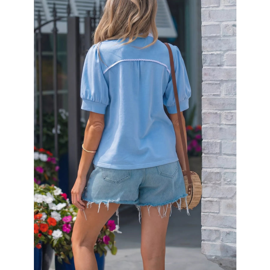 Striped Frilled Collar Short Sleeve Blouse Apparel and Accessories