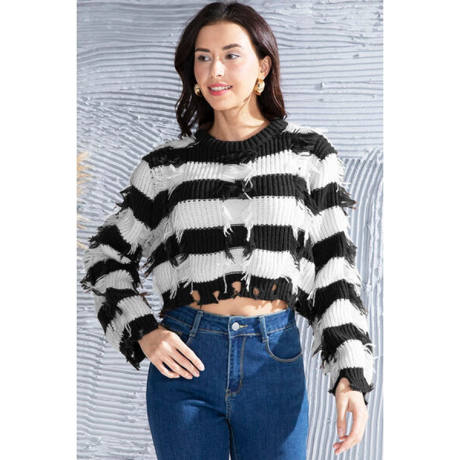 Striped Fringe Round Neck Sweater Black / S Clothing