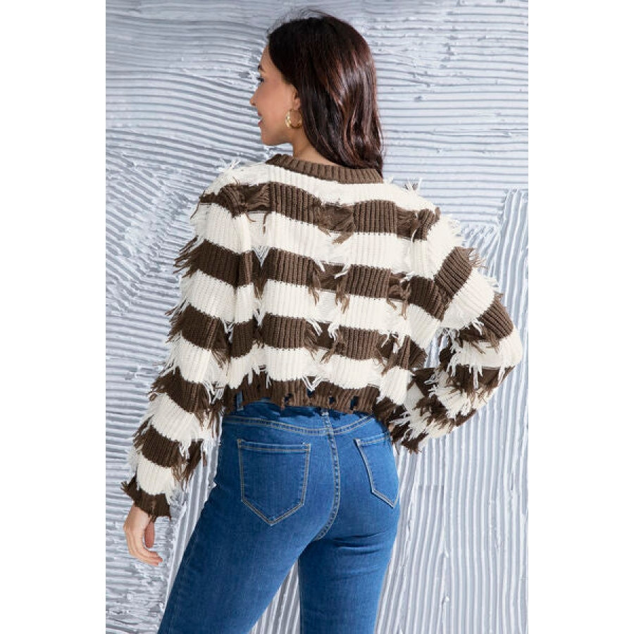 Striped Fringe Round Neck Sweater Clothing