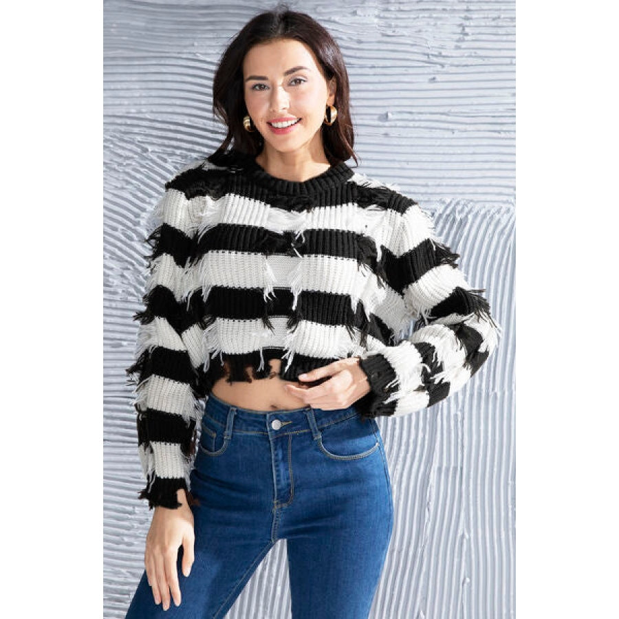 Striped Fringe Round Neck Sweater Clothing