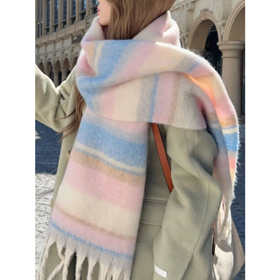 Striped Fringe Scarf Pastel Blue / One Size Apparel and Accessories